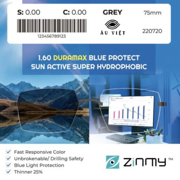 Tròng kính Đổi Màu Zinmy 1.60 Duramax Blue Protect